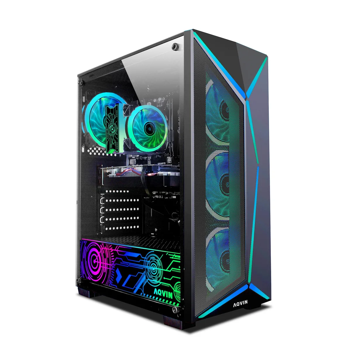 Black AQVIN AQ80 tower case with side window, USB keyboard and mouse included