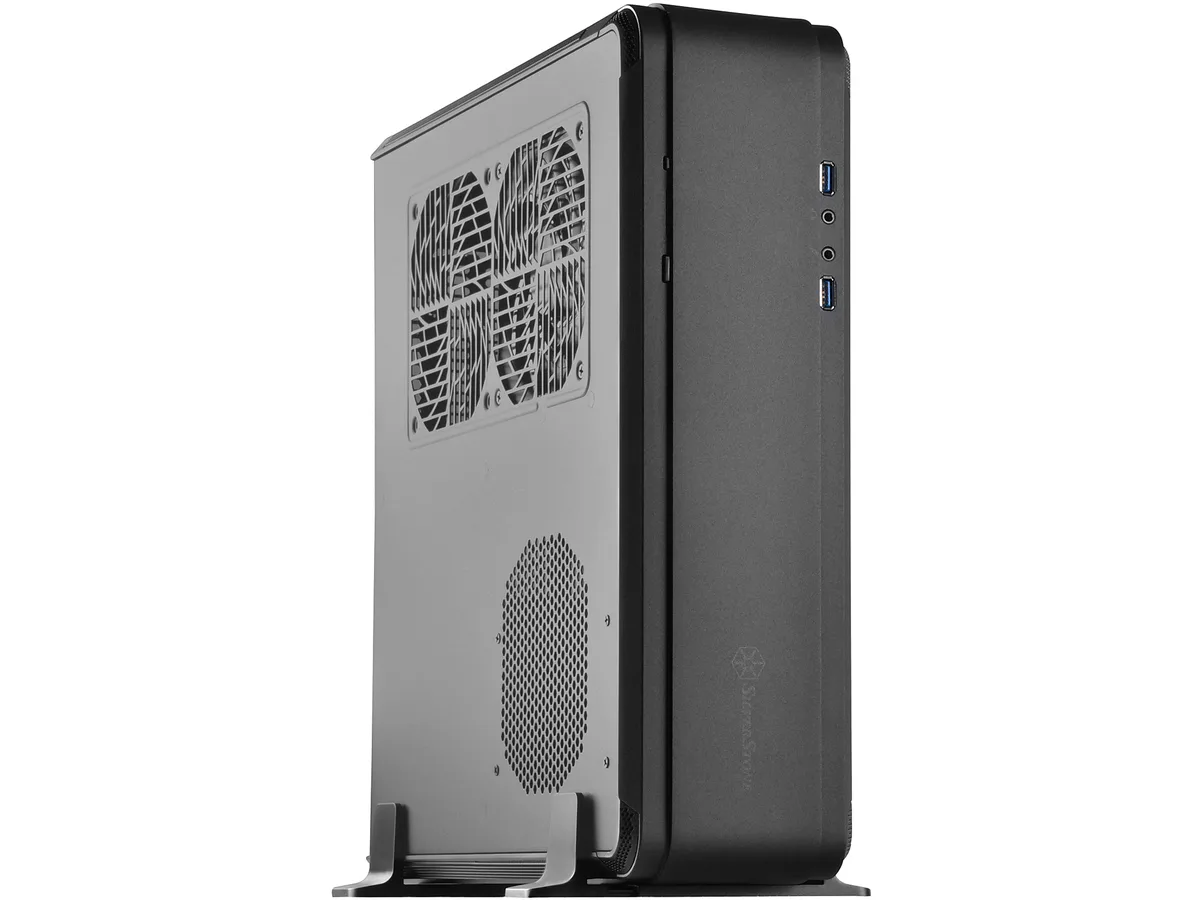 Compact black Mini-ITX case with aluminium unibody frame, no side window, front USB and audio ports