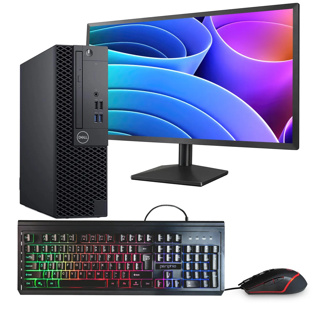 Black Dell OptiPlex 3070 desktop tower with 24 inch monitor