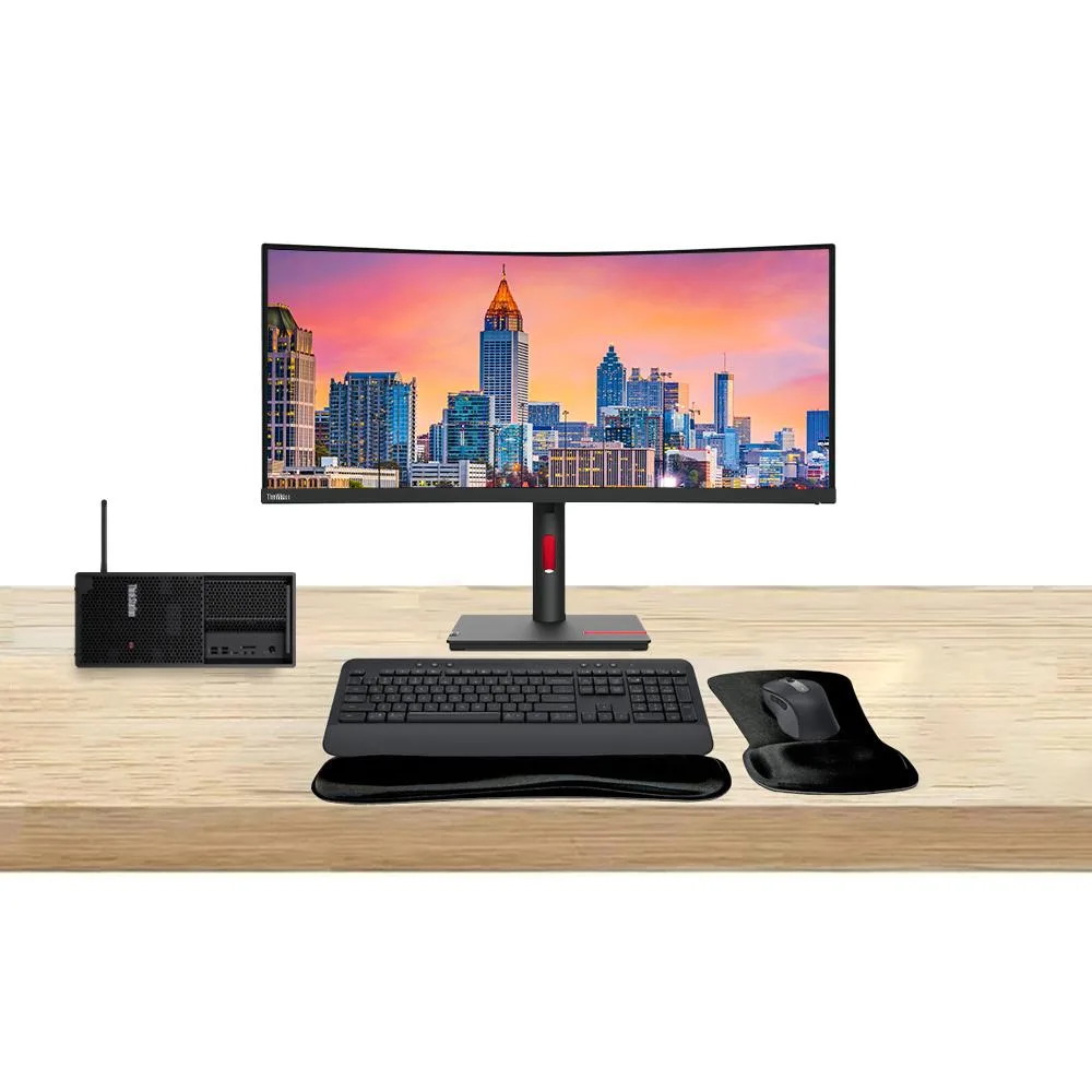 Lenovo ThinkStation P3 Tower with curved 34-inch ThinkVision T34w monitor, MK650 keyboard and mouse, gel wrist pad