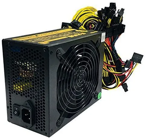 Rectangular metal power supply unit with 14cm fan and multiple cable connectors