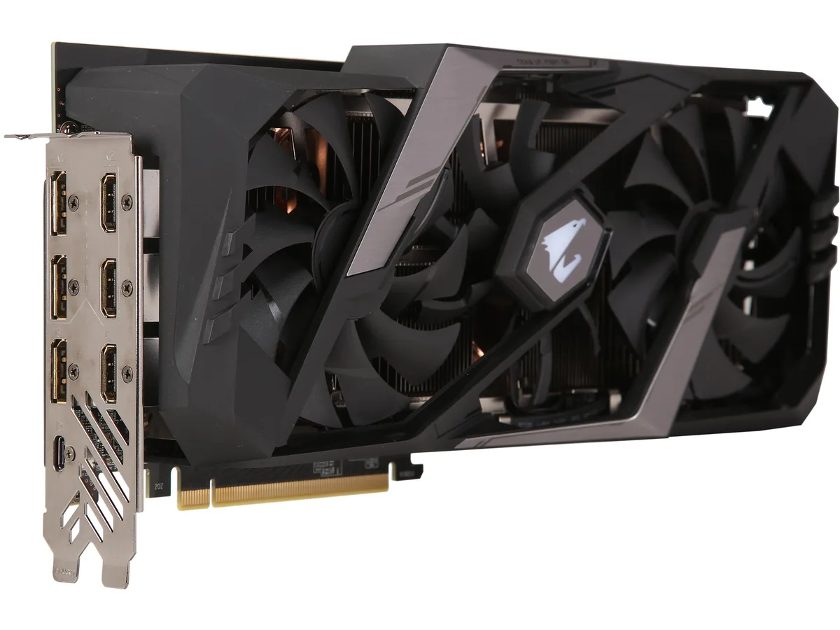 Triple-slot graphics card with silver shroud and three fans