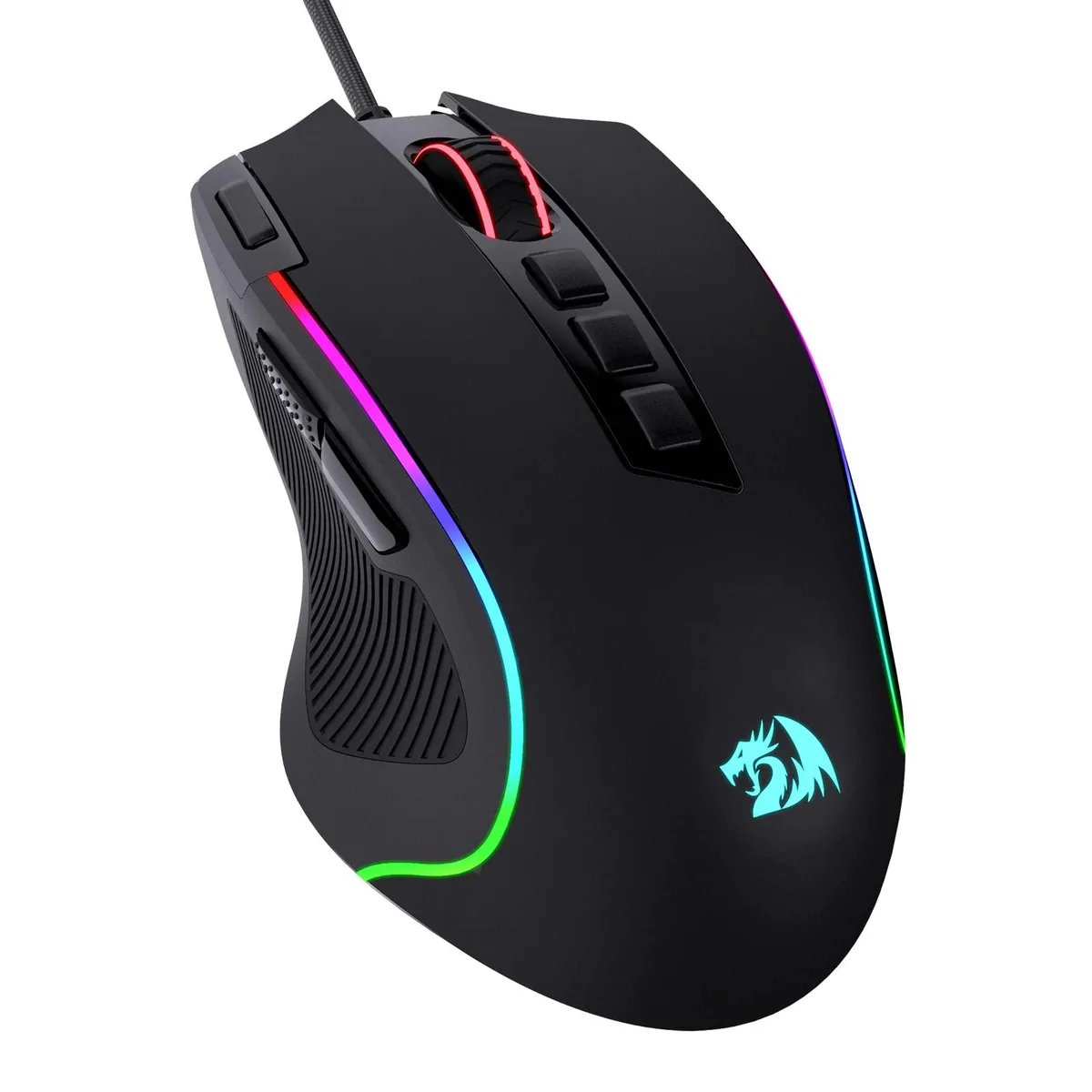 Black right-handed gaming mouse with frosted coating, rubber side grip, RGB lighting and 16 buttons