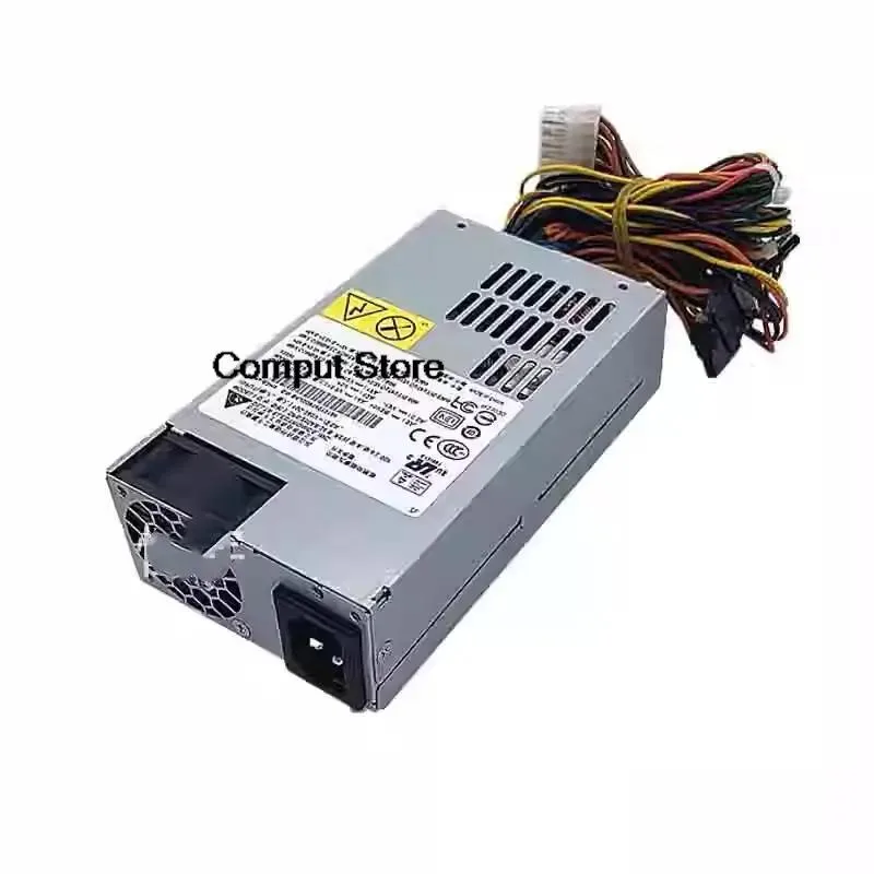 Silver metal 1U power supply unit with ventilation slots and rear connectors