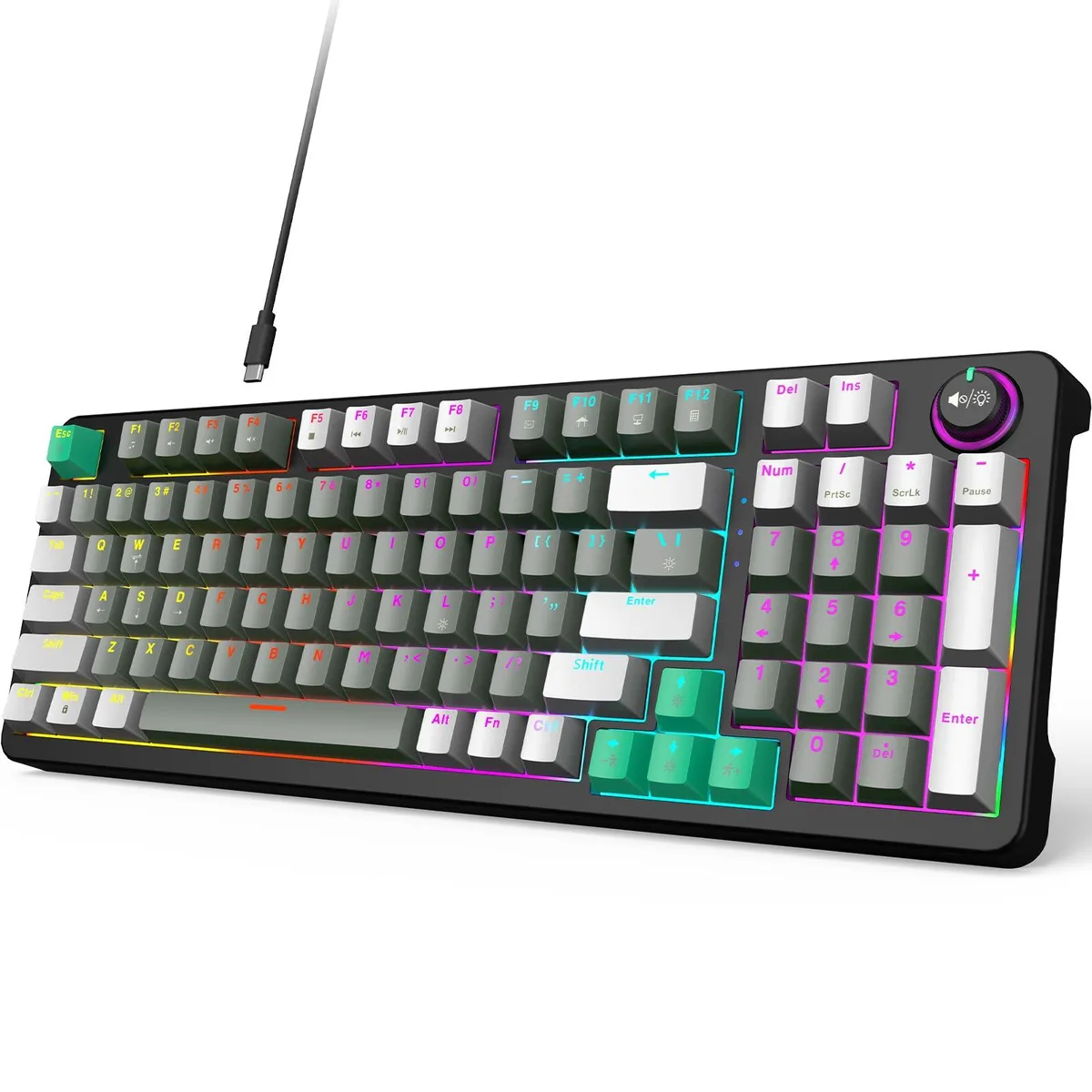 Grey and black compact mechanical keyboard with 96 keys volume knob and side LED lighting