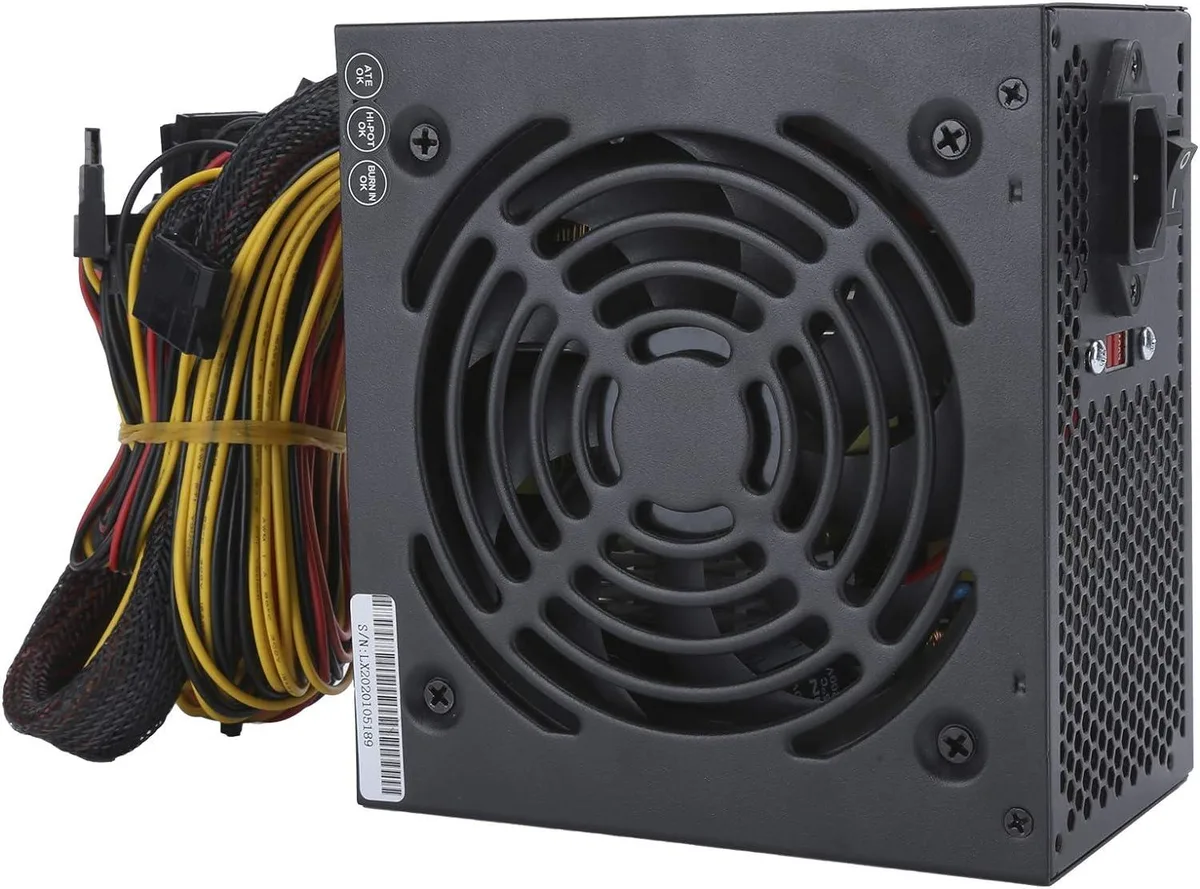 Rectangular black metal PSU with 14cm fan and cable bundle