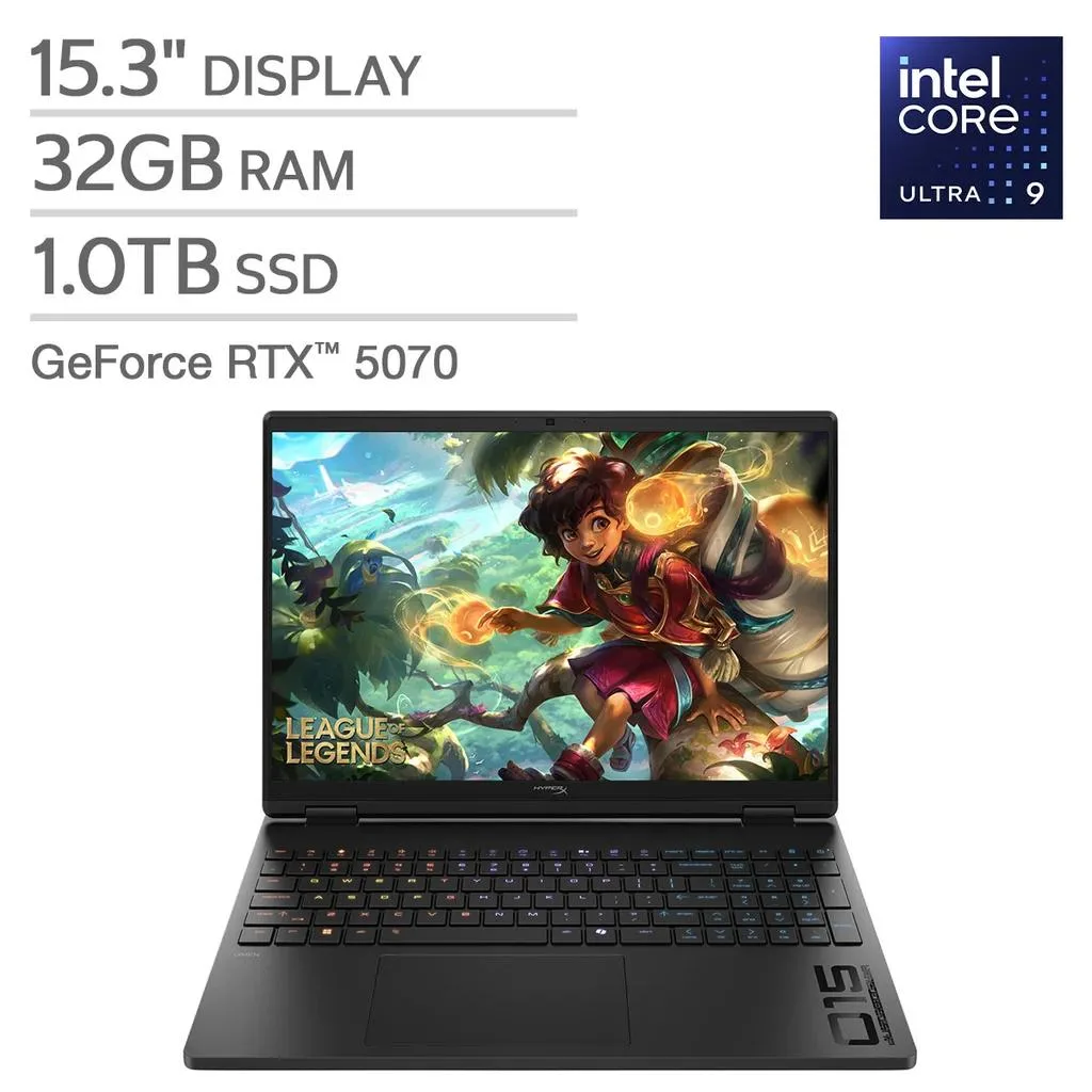 HP HyperX OMEN 15.3 inch gaming laptop with dark chassis and RGB backlit keyboard