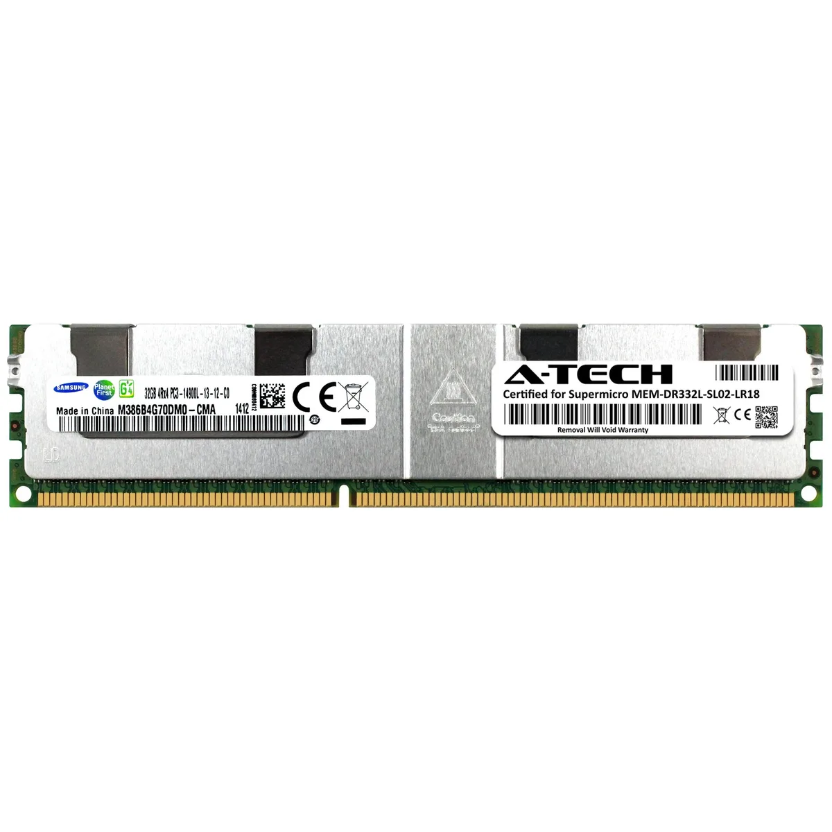 Green 240-pin LRDIMM server memory module with black Samsung chips, 32GB DDR3 1866MHz ECC 4Rx4 load reduced