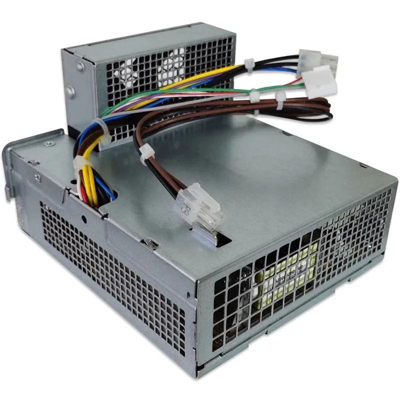 Rectangular metal ATX power supply unit with ventilation grille and cable bundle