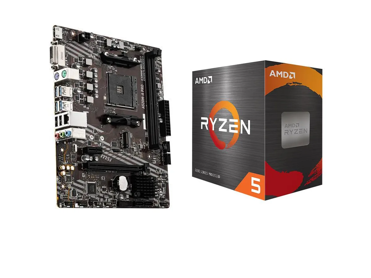 MSI MSI A520M-A PRO AMD motherboard and Ryzen 5 5500 combo — product photo