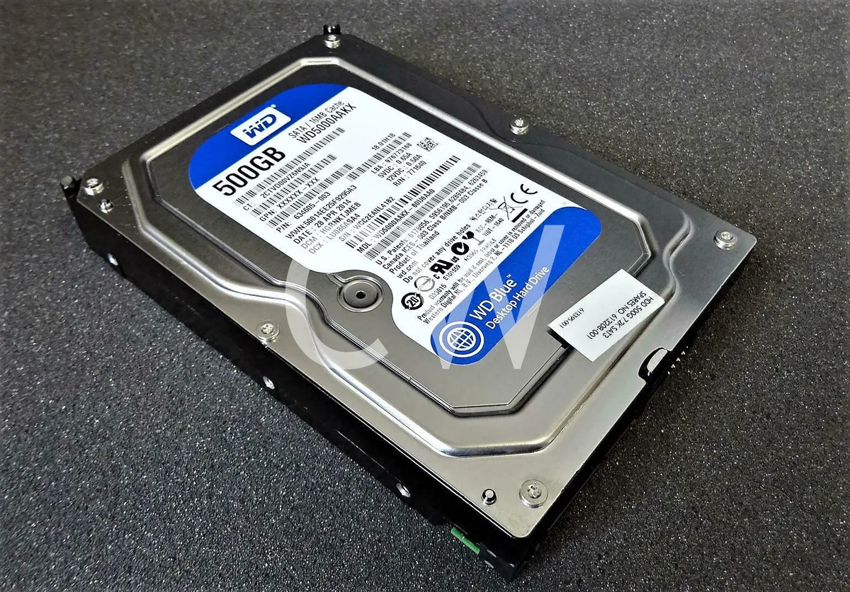 Silver 3.5 inch SATA hard drive with circuit board visible
