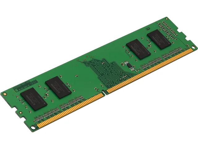 Green circuit board with black memory chips and gold edge connector