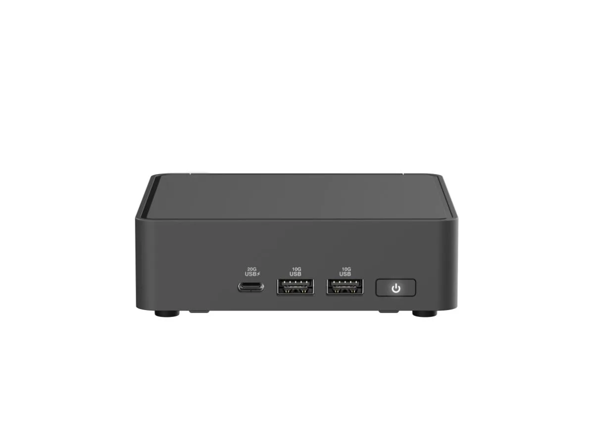Compact silver mini PC with front USB-C and USB-A ports