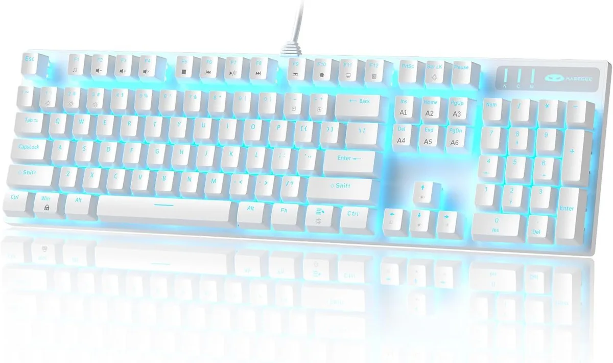 White full-size mechanical gaming keyboard with blue switches and adjustable backlighting