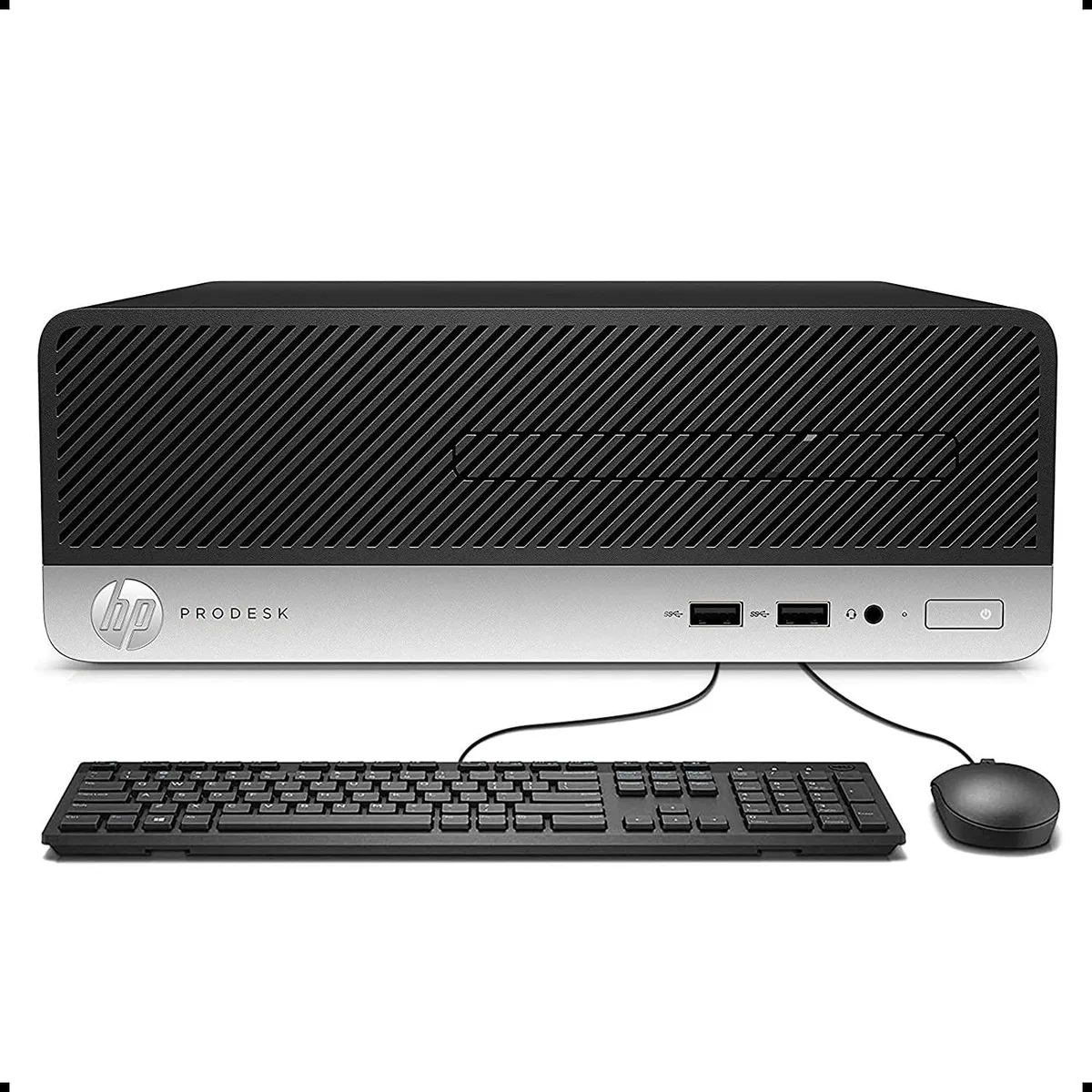 Black small-form-factor desktop tower with front USB ports and headset jack