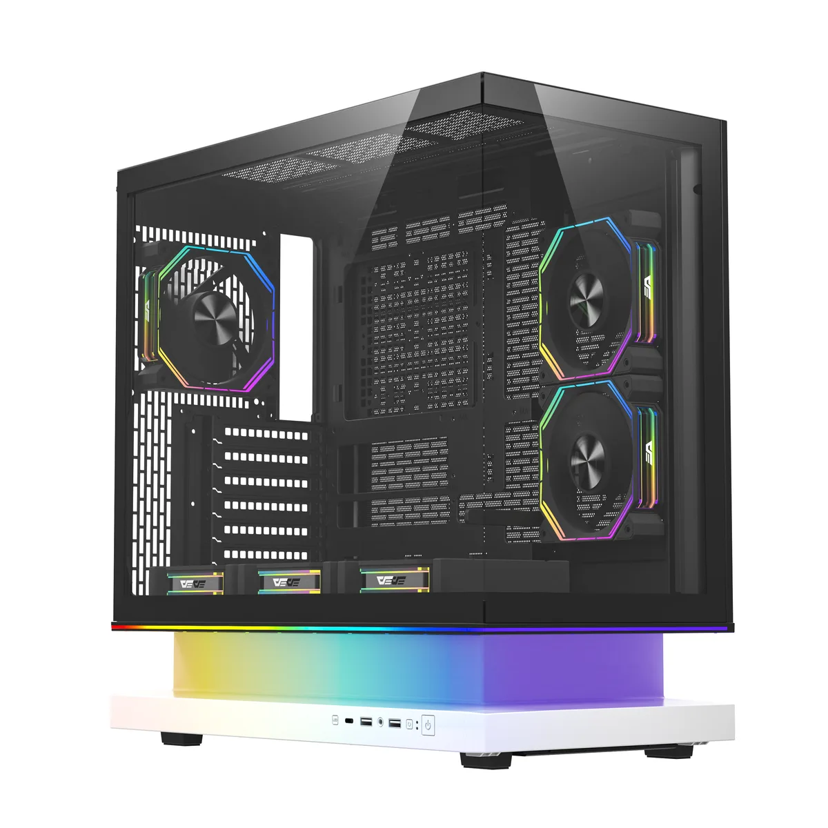 White mid-tower ATX case with frameless tempered glass panels, floating ARGB base and six pre-installed ARGB fans