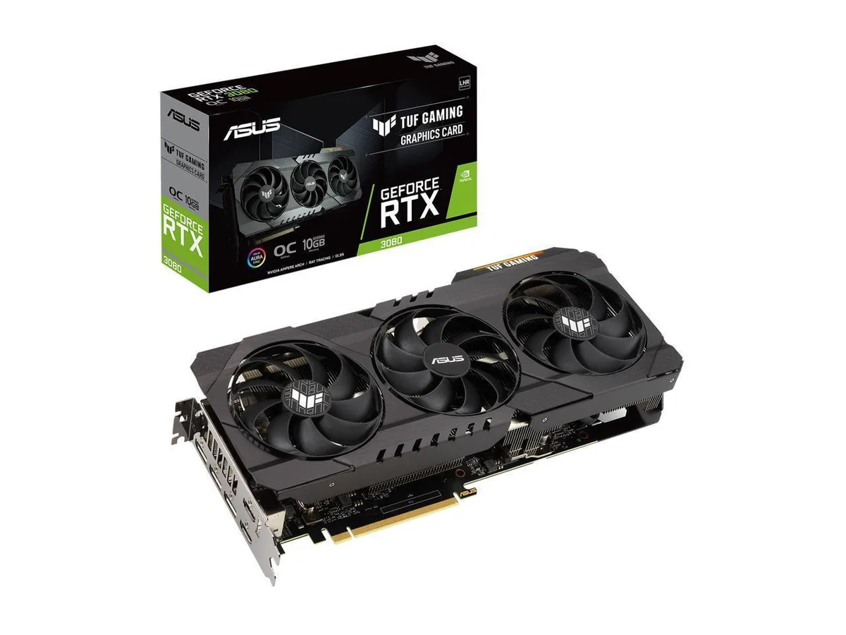 ASUS TUF Gaming RTX 3080 triple-fan graphics card in dark gunmetal finish