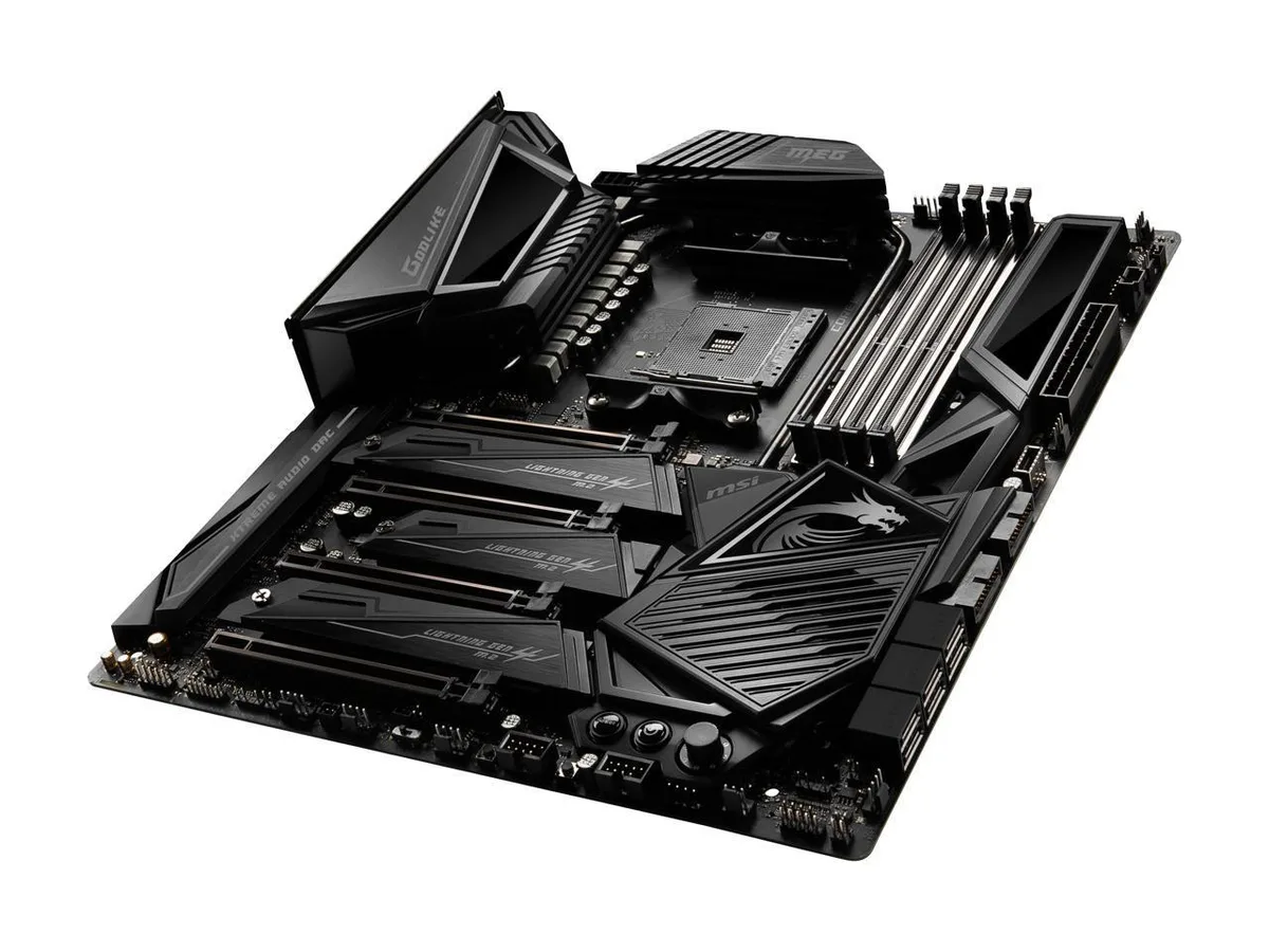Large rectangular extended-ATX motherboard in dark finish with metal heatsinks and I/O shield