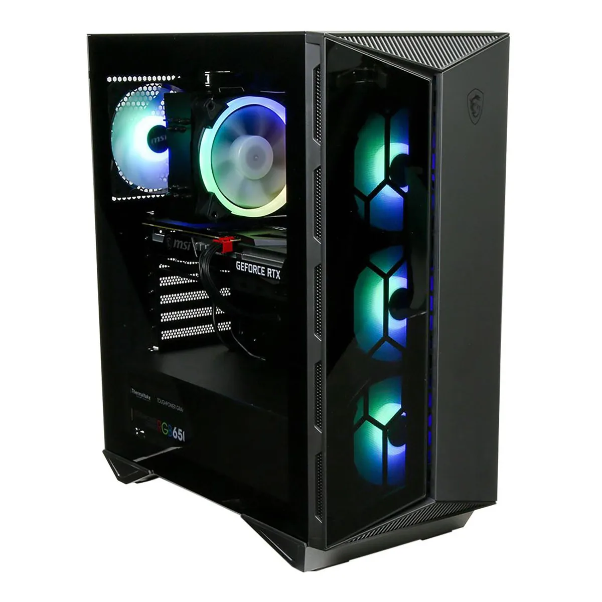 Black mid-tower gaming desktop with RGB cooler visible through side panel