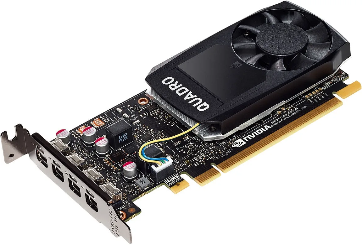 Low-profile graphics card with four Mini DisplayPort outputs and matte black finish