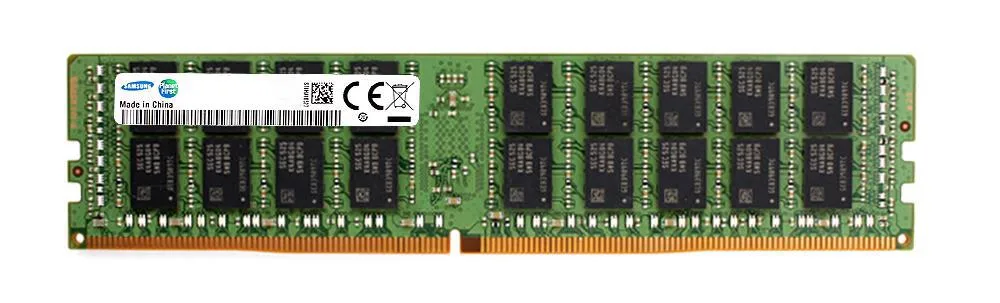 Single green 32 GB DDR4 RDIMM with black chips and gold contacts