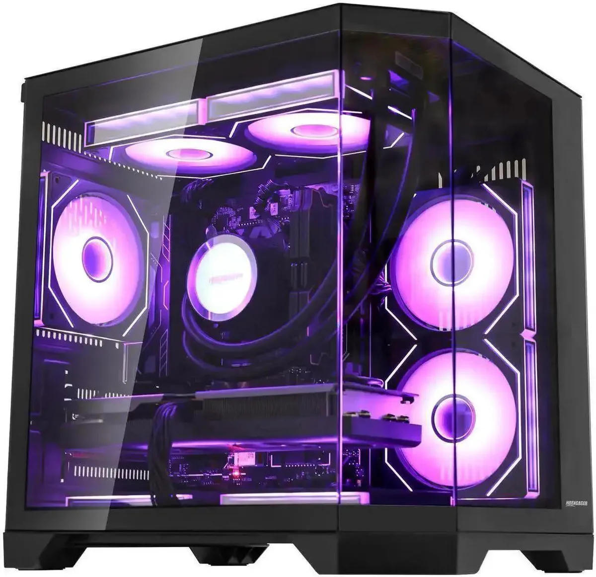 Black mid-tower gaming desktop with 240 mm AIO liquid cooler and RGB fans