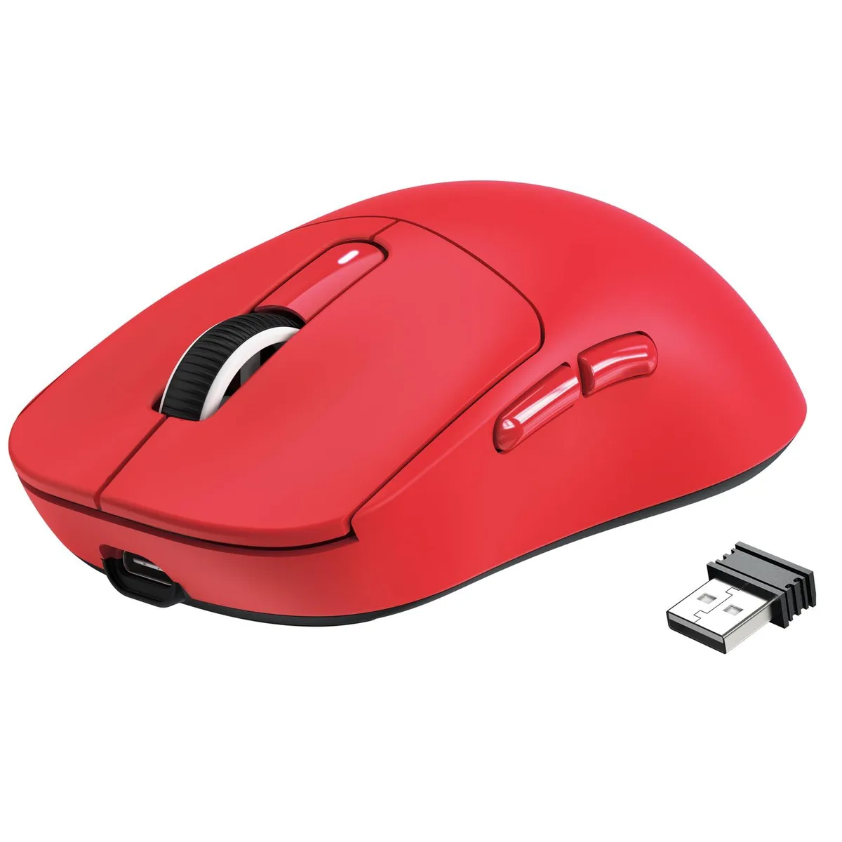 Red right-handed gaming mouse, lightweight ergonomic shape, matte finish, 16 buttons