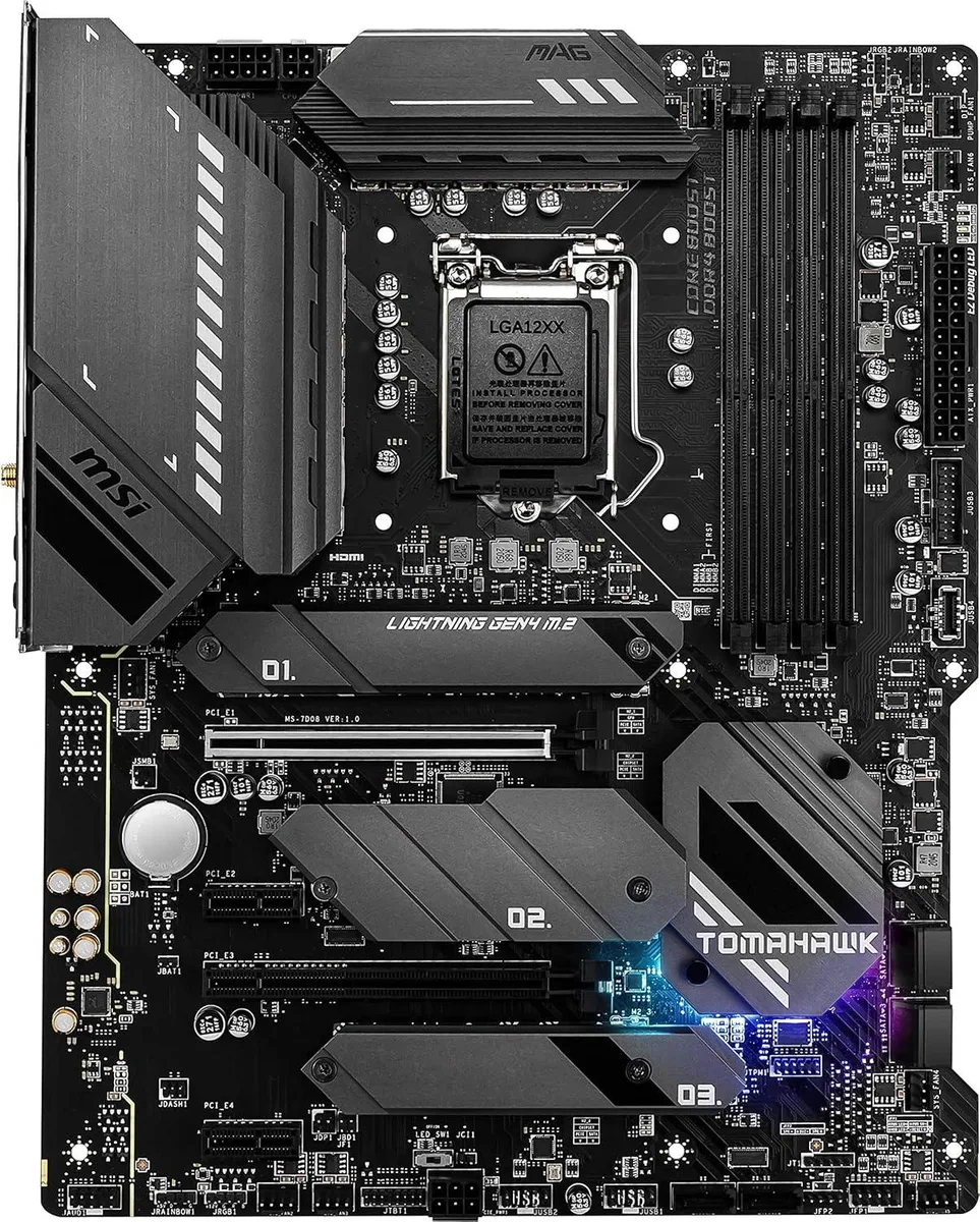 Black ATX motherboard with silver heatsinks and I/O shield