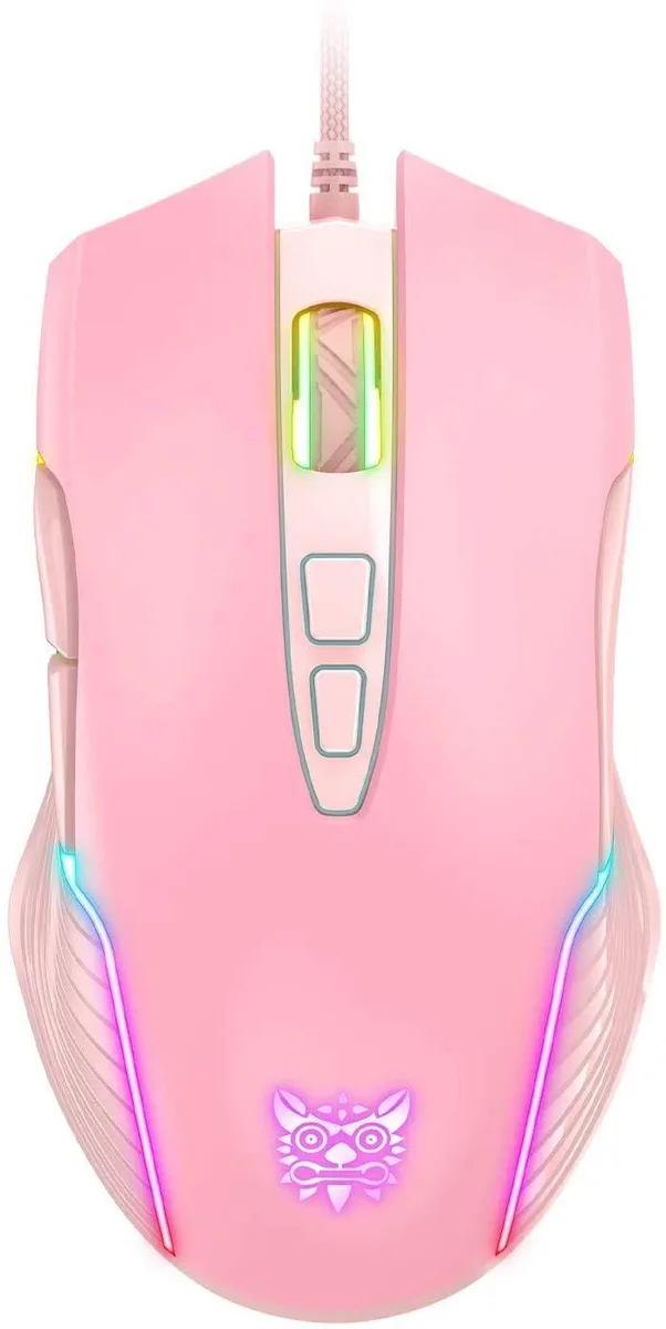 Pink wired gaming mouse with RGB lighting, right-handed ergonomic shape, 16 buttons, matte finish