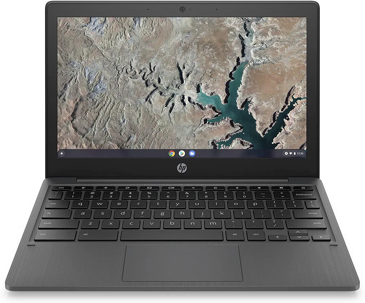 Gray 11.6-inch HP Chromebook laptop with anti-glare display and USB-C port