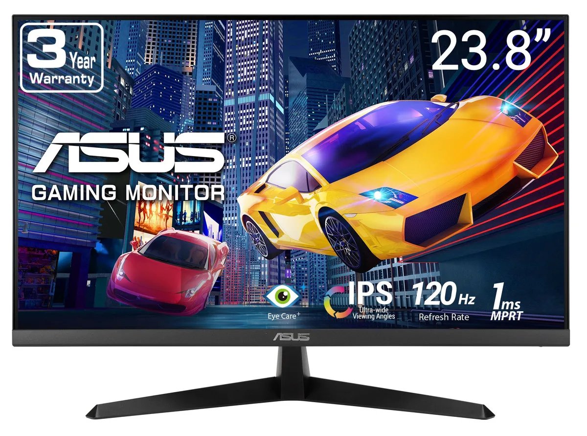 Black flat 24 inch IPS gaming monitor on tilt stand, thin bezels, matte screen