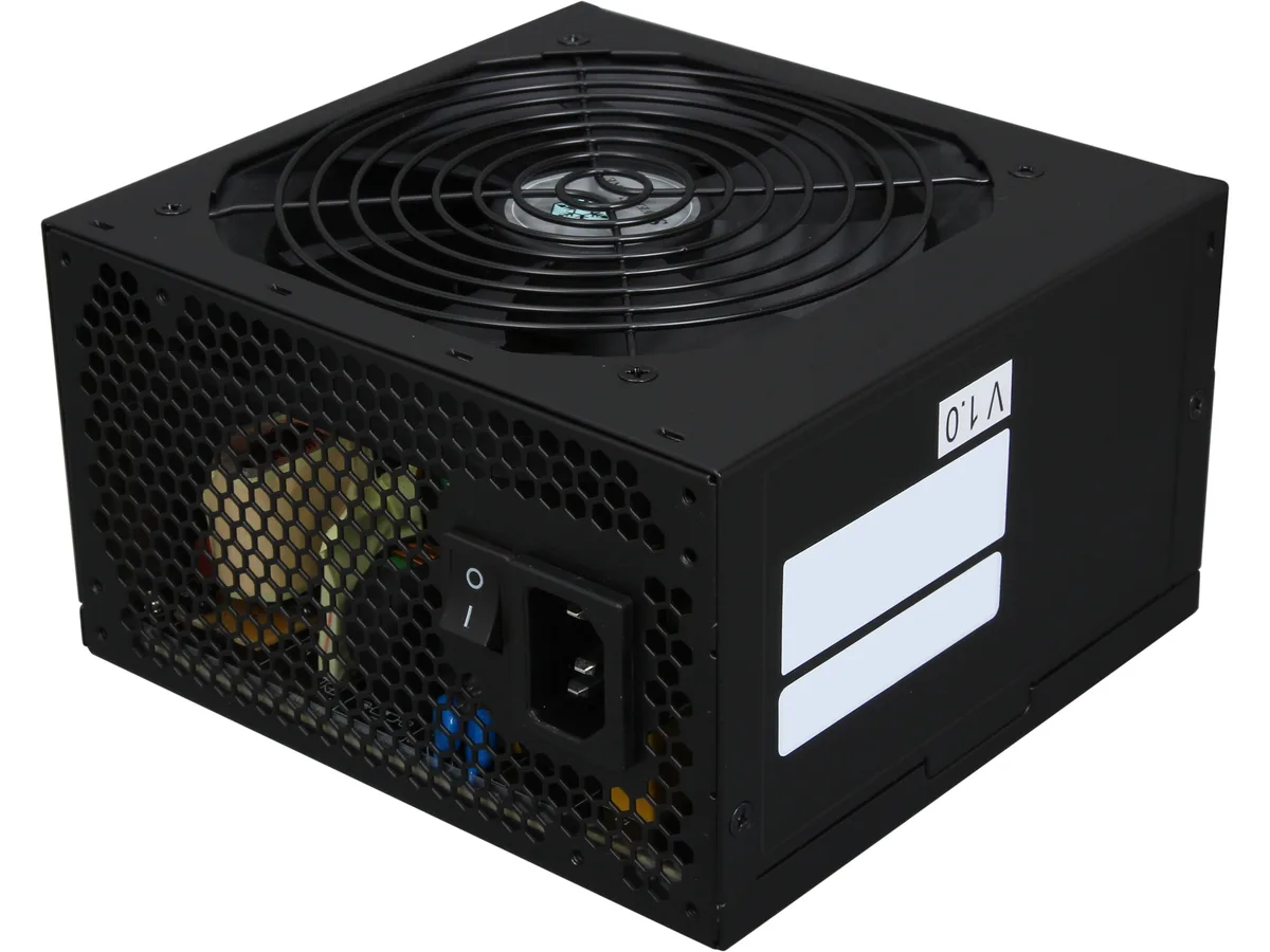 Rectangular metal ATX power supply unit with matte black finish and single 120mm fan grille