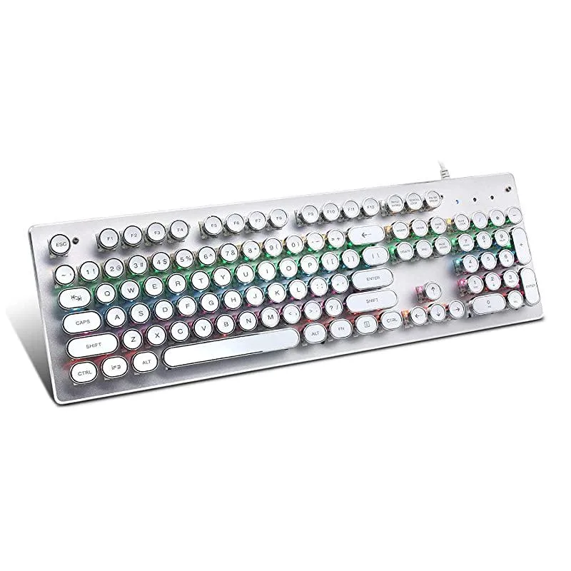White full-size mechanical keyboard with round keycaps and colourful LED backlighting