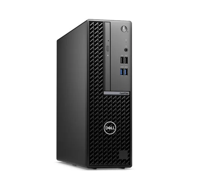 Black small form factor desktop tower with wired keyboard and optical mouse