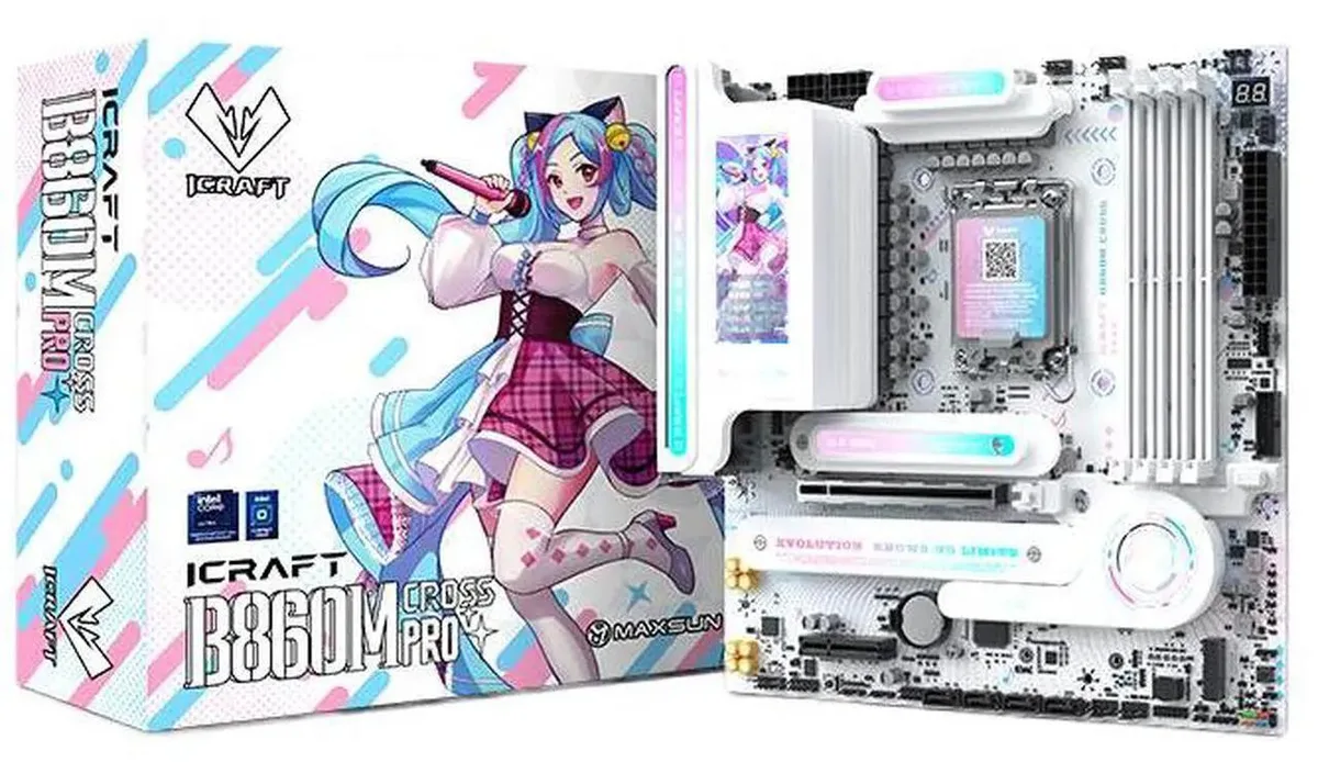 Micro-ATX motherboard with LED display, silver heatsinks and black PCB