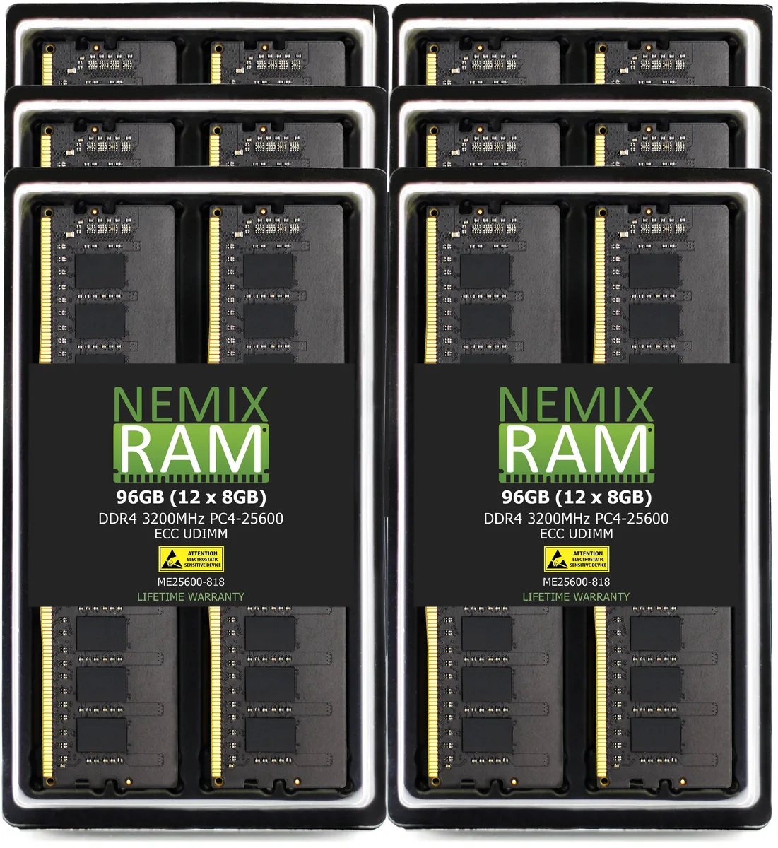Twelve green DDR4 ECC UDIMM sticks without heat spreaders