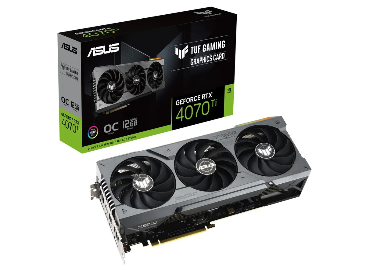 ASUS TUF Gaming GeForce RTX 4070 Ti graphics card with three axial fans and metal exoskeleton