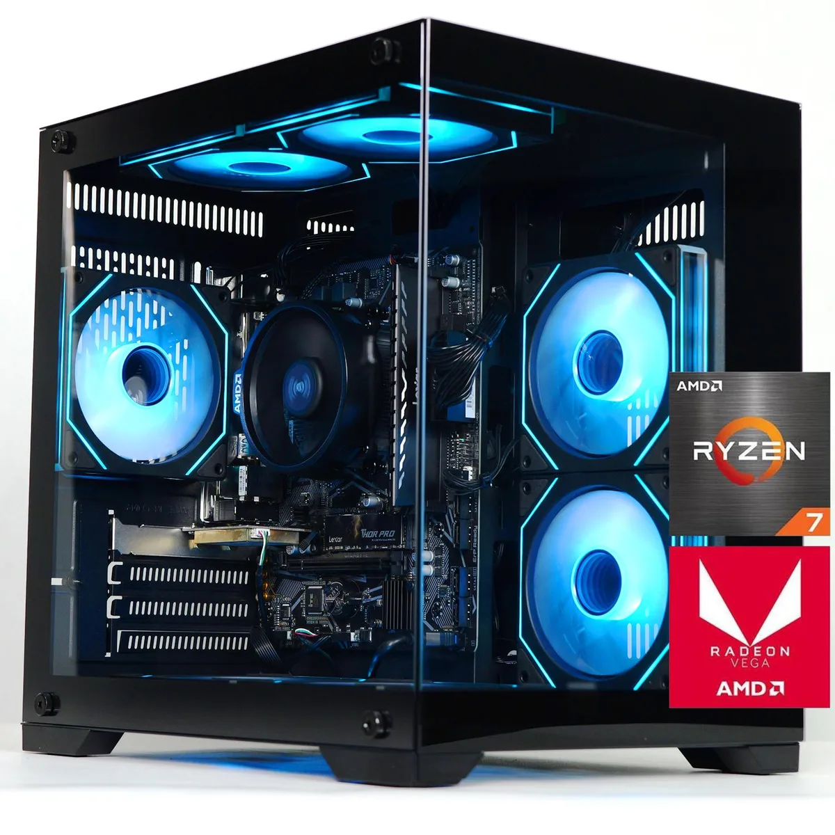 Black tower gaming PC with five ARGB fans
