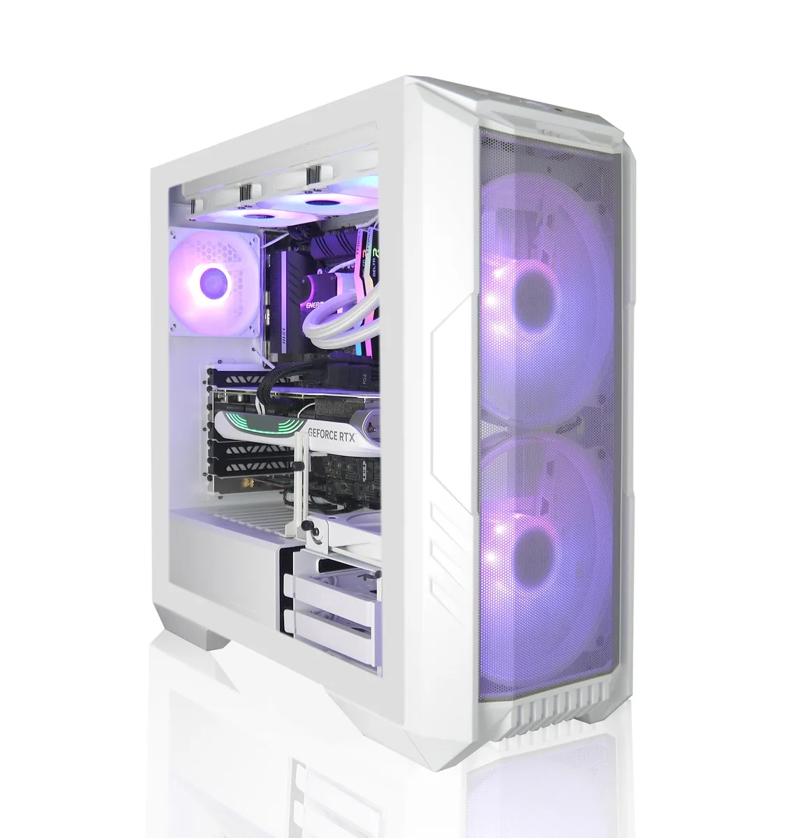 White full-tower gaming desktop with 360mm liquid cooler visible through side panel
