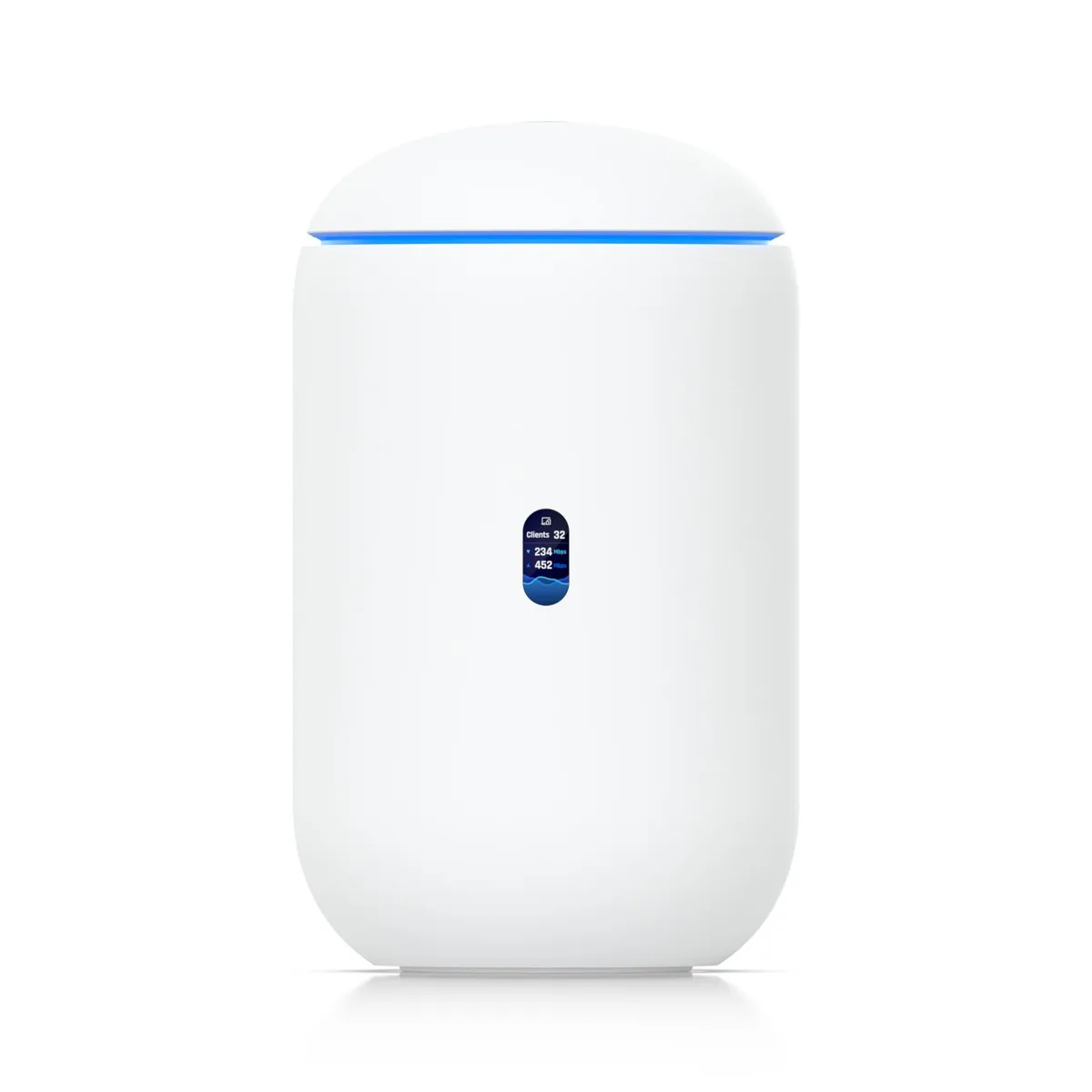 White cylindrical desktop router with flat top and subtle branding