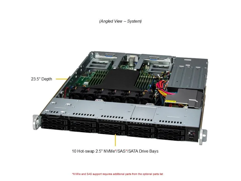 Silver 1U rack server front with ten drive bays and status LEDs