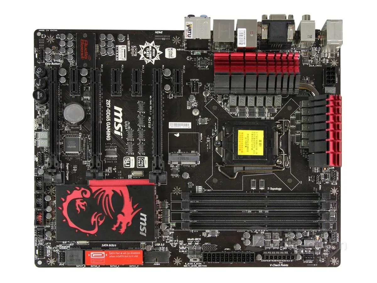 ATX motherboard in black and red with silver heatsinks and PCIe slots