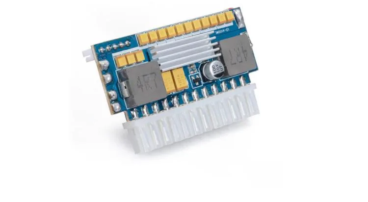 Compact black ATX power supply unit with 24 pin connector and 12V DC input