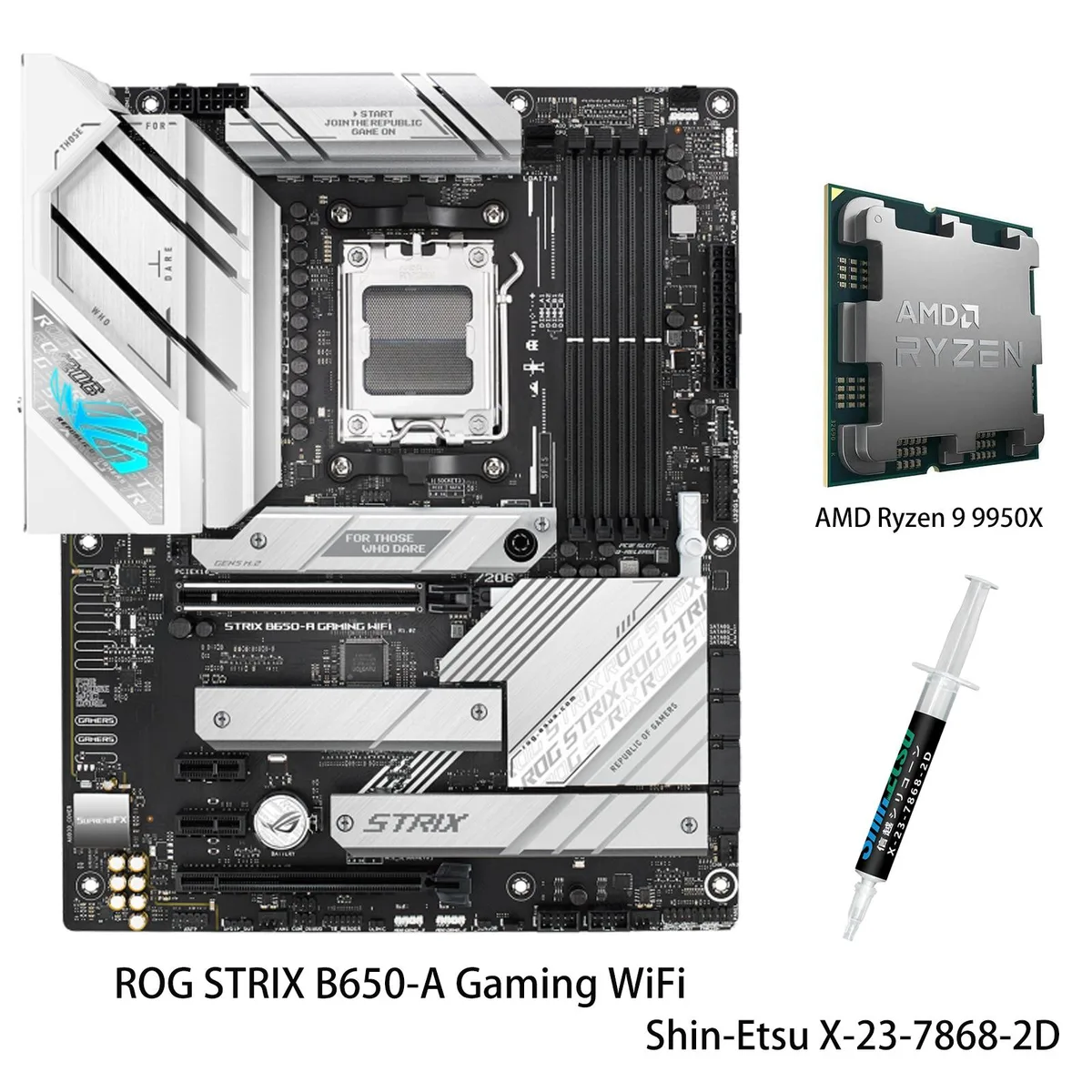 ATX motherboard in white and silver with large VRM heatsinks, M.2 covers and rear I/O shield