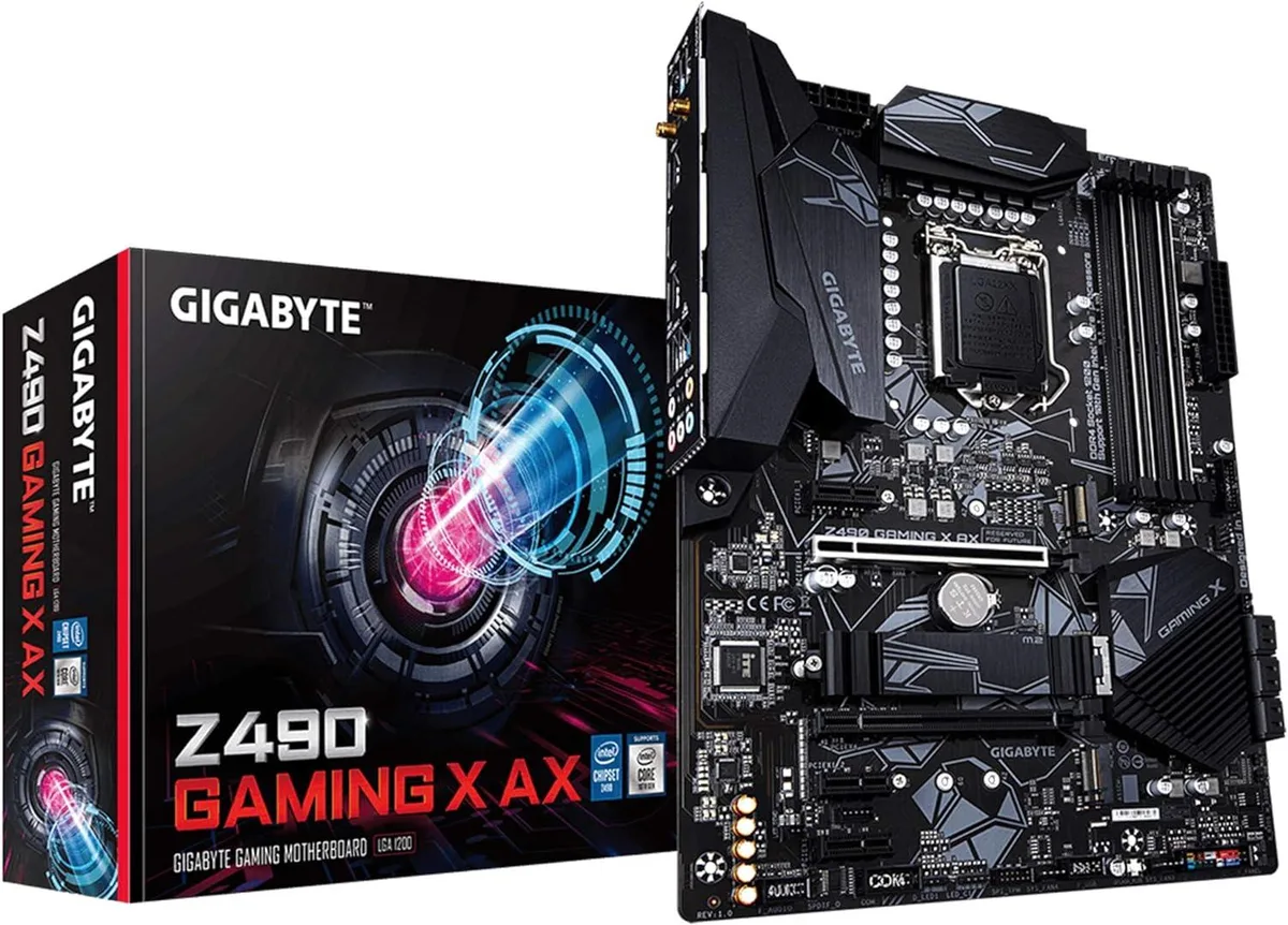 Black rectangular ATX motherboard with silver heatsinks and four DDR4 slots
