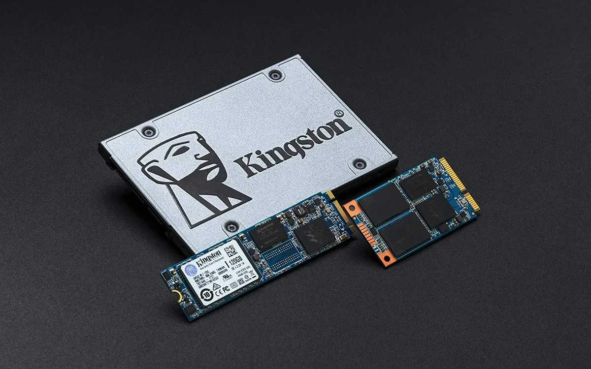 Rectangular 2.5 inch internal SSD with black metal casing and label showing Kingston UV500 480GB