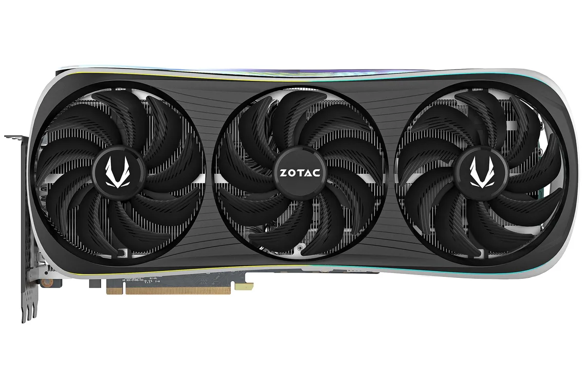 Triple-fan graphics card with silver metal backplate and RGB lighting