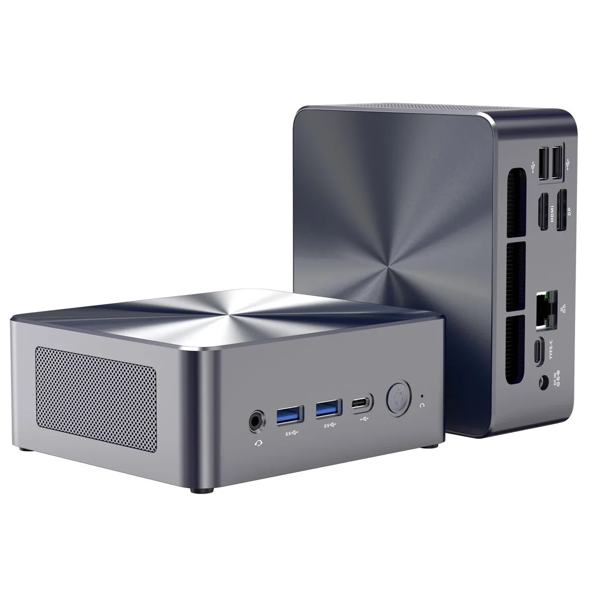 Compact black mini PC with front ports and ventilation slots