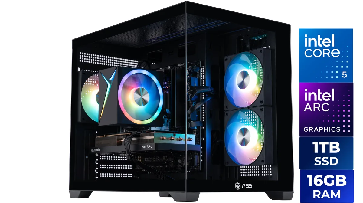 Black mid-tower gaming desktop with glass side panel, Arc A580 graphics card visible inside