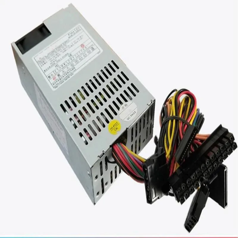 Compact silver 1U FlexATX power supply with rear fan and cable bundle